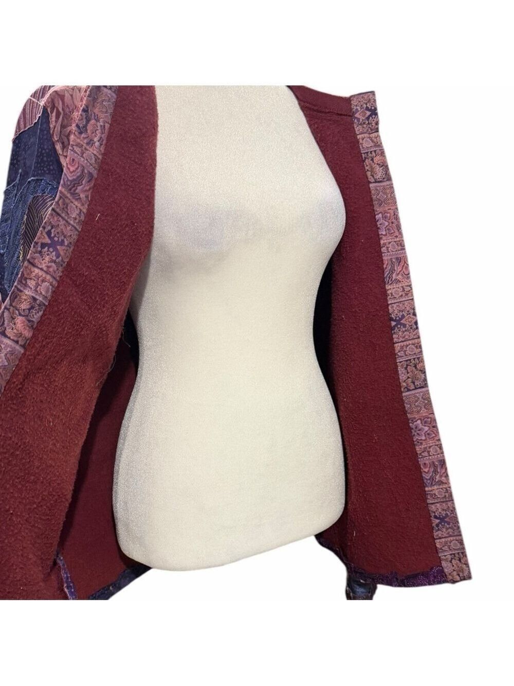 Upcycled Patchwork Quilt Abstract Patches Purples Reworked Open Front Jacket - Picture 5 of 8